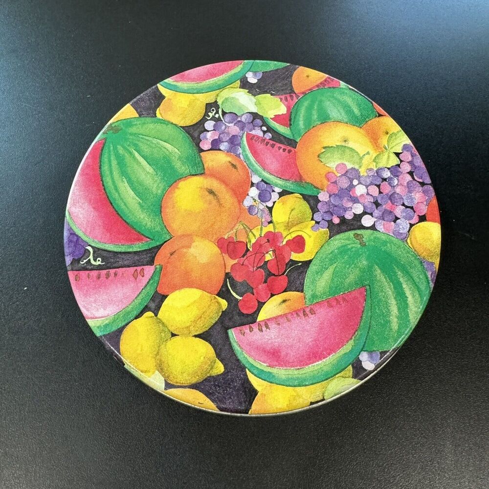 Fruit design vintage Cookie candy nuts Tin round box 6.5"
